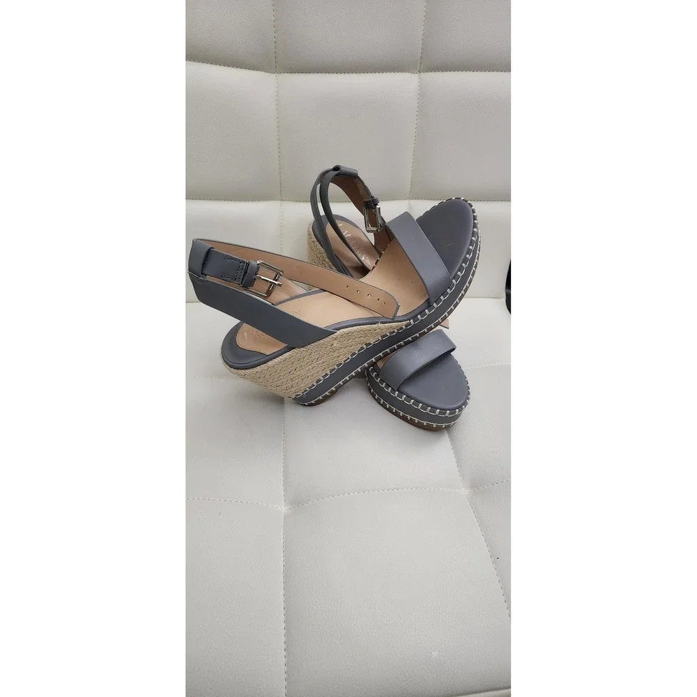 Lauren Ralph Lauren Hilarie Espadrille Wedge Sandals Ocean Blue Grey Leather 9B‎